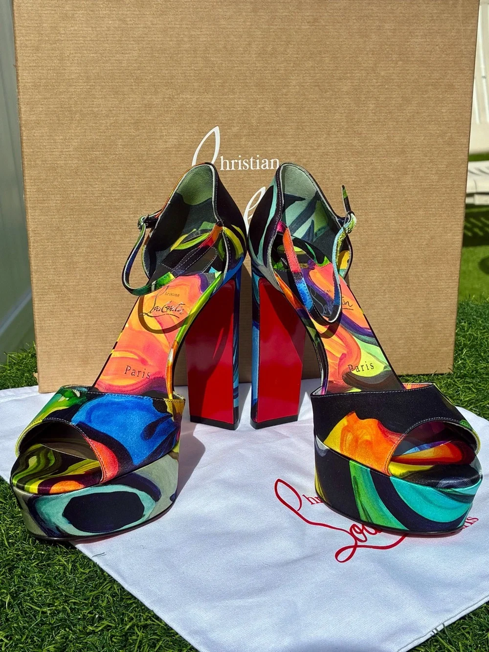 CHRISTIAN LOUBOUTIN SANDALOO BLACK MULTICOLOR SATIN LEATHER PLATFORM SANDAL SZ39